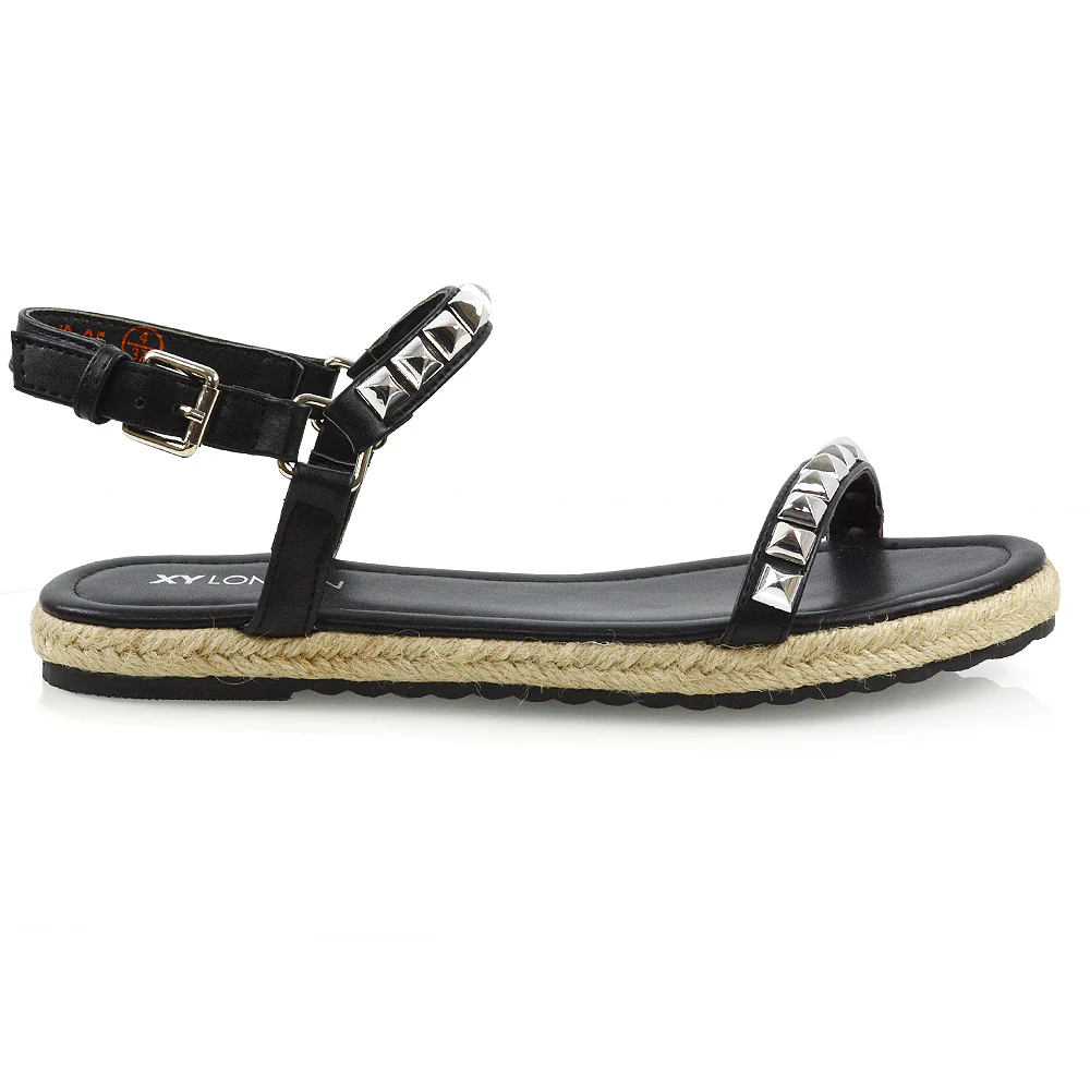 Ashden Studded Flat Cork Sole Summer Sandals With Ankle Strap in Black - Image 2