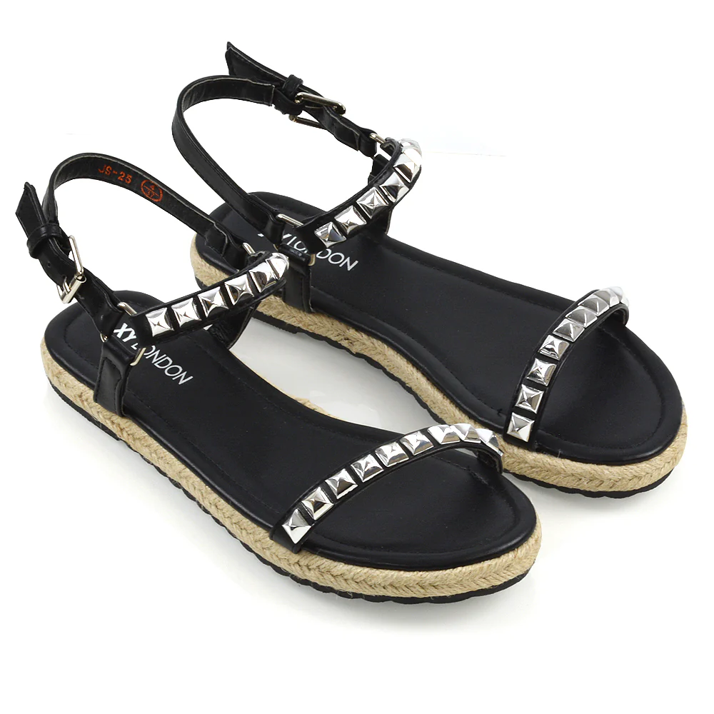 Ashden Studded Flat Cork Sole Summer Sandals With Ankle Strap in Black - Image 3