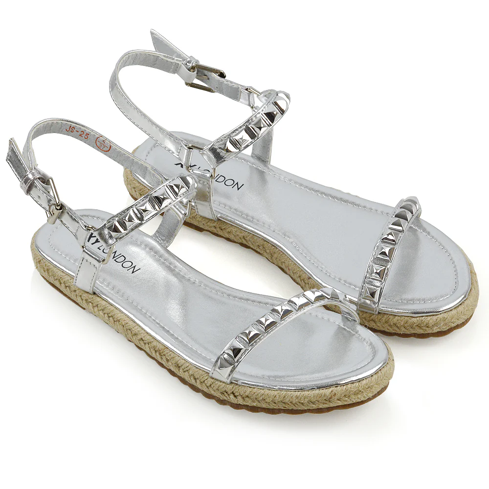 Ashden Studded Flat Cork Sole Summer Sandals With Ankle Strap in Silver