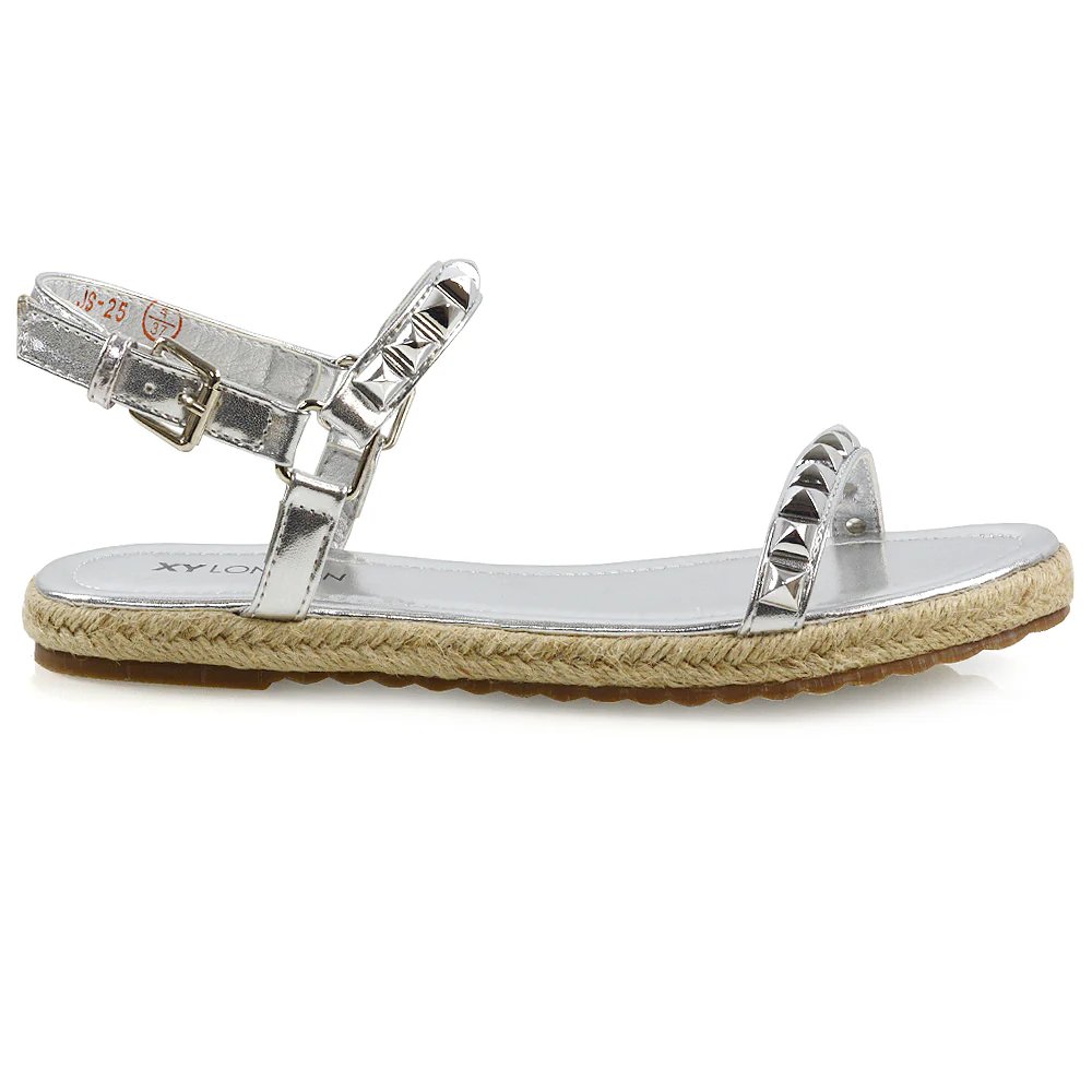 Ashden Studded Flat Cork Sole Summer Sandals With Ankle Strap in Silver - Image 2
