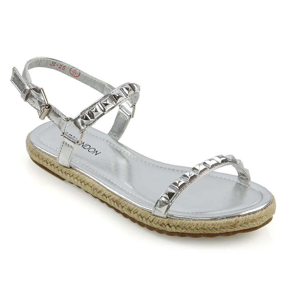 Ashden Studded Flat Cork Sole Summer Sandals With Ankle Strap in Silver - Image 3