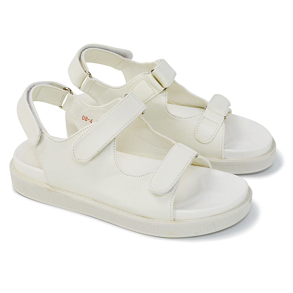 Asher Double Strap Flat Platform Heel Dad Sandals in White Synthetic Leather - Image 3