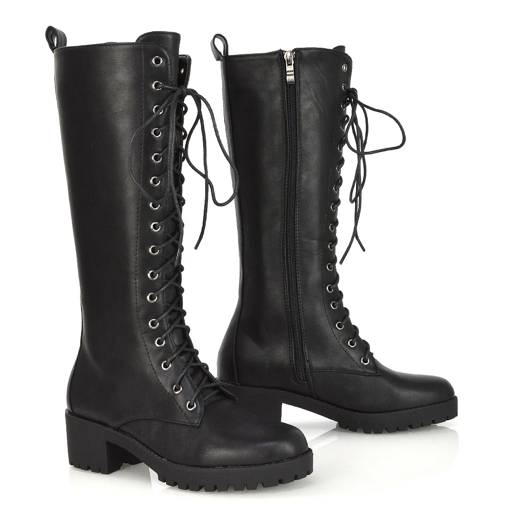 Aspen Lace Up Block High Heel Knee High Biker Boots In Black Faux Suede - Image 16