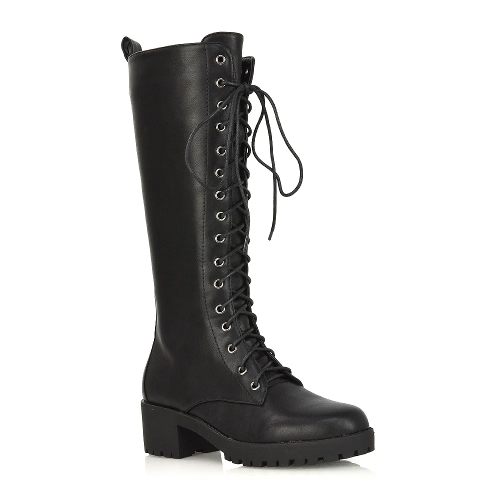 Aspen Lace Up Block High Heel Knee High Biker Boots In Black Faux Suede - Image 22
