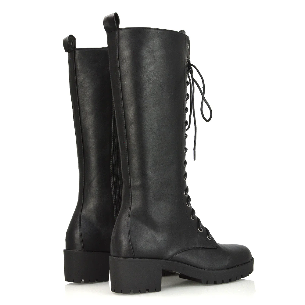 Aspen Lace Up Block High Heel Knee High Biker Boots In Black Faux Suede - Image 30