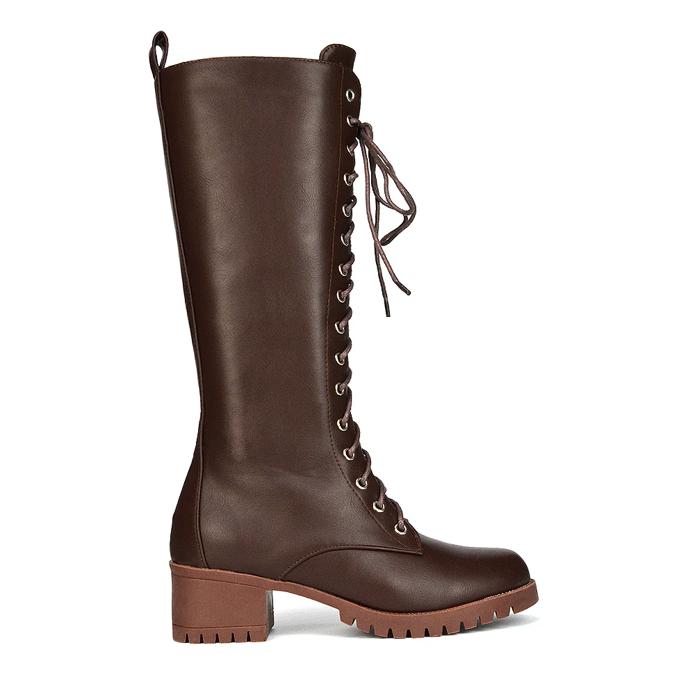 Aspen Lace Up Block High Heel Knee High Biker Boots In Black Faux Suede - Image 57