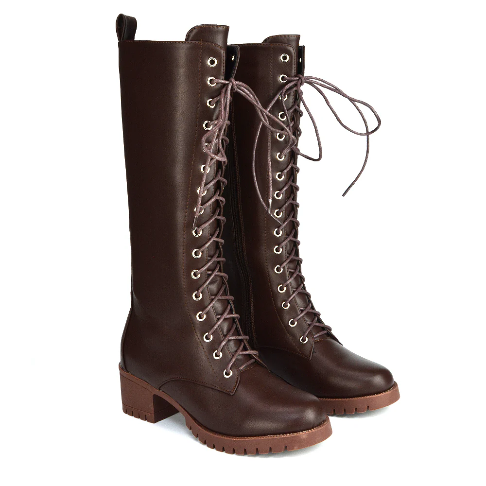 Aspen Lace Up Block High Heel Knee High Biker Boots In Black Faux Suede - Image 58