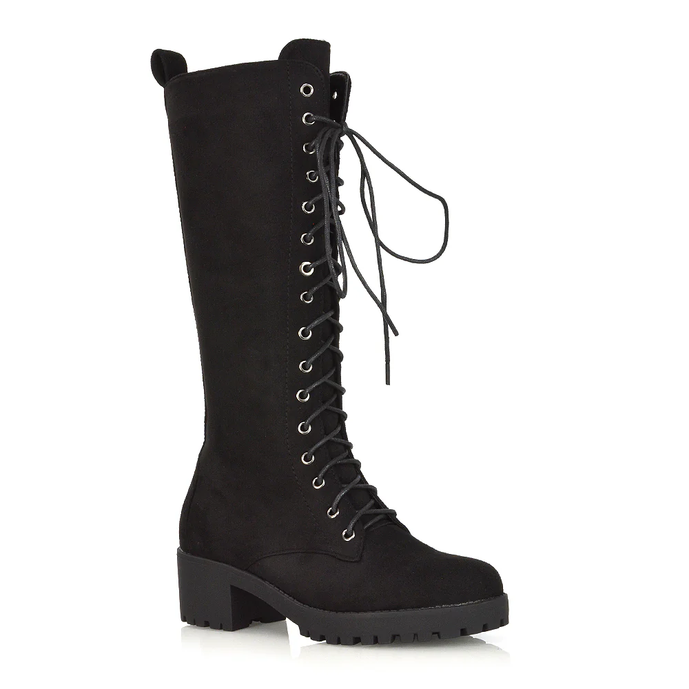 Aspen Lace Up Block High Heel Knee High Biker Boots In Black Faux Suede - Image 61