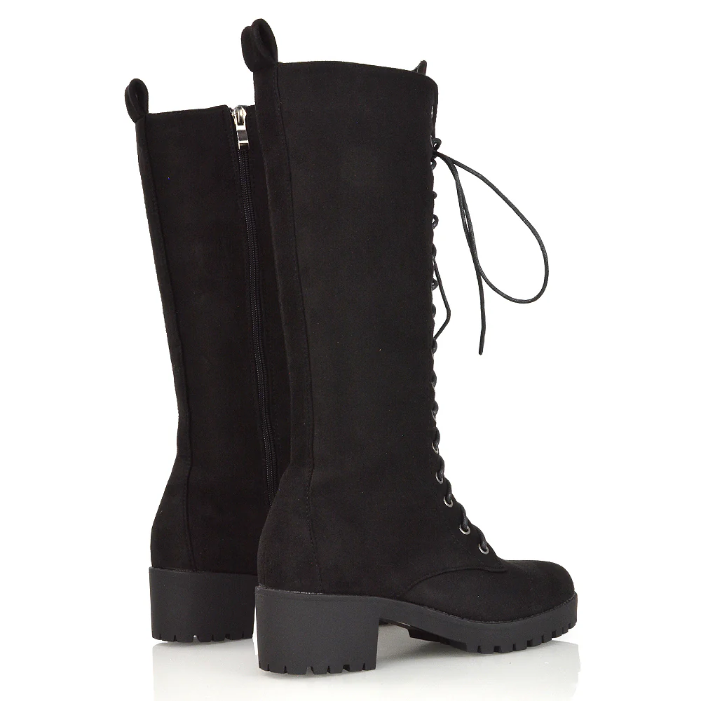Aspen Lace Up Block High Heel Knee High Biker Boots In Black Faux Suede - Image 69