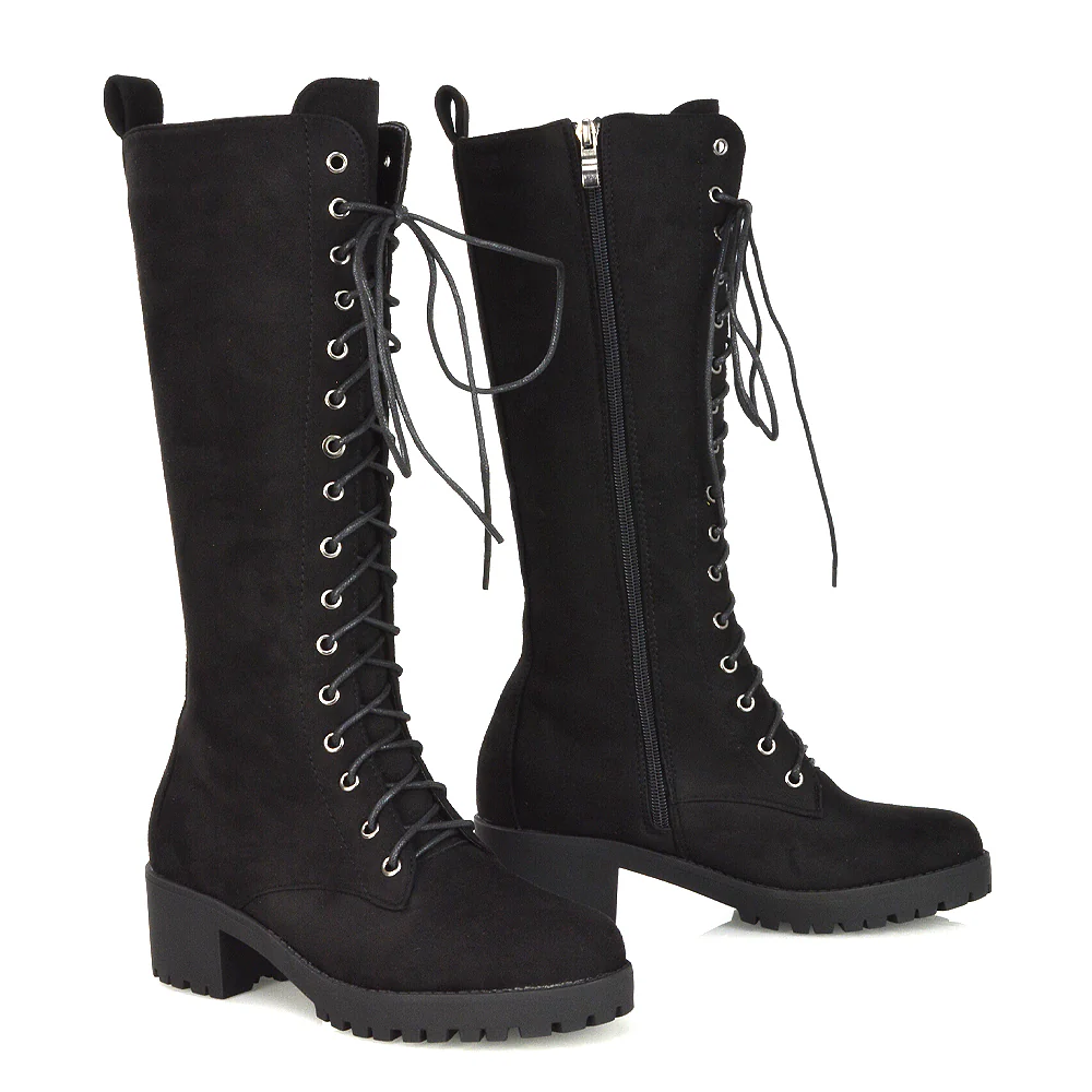 Aspen Lace Up Block High Heel Knee High Biker Boots In Black Faux Suede - Image 70