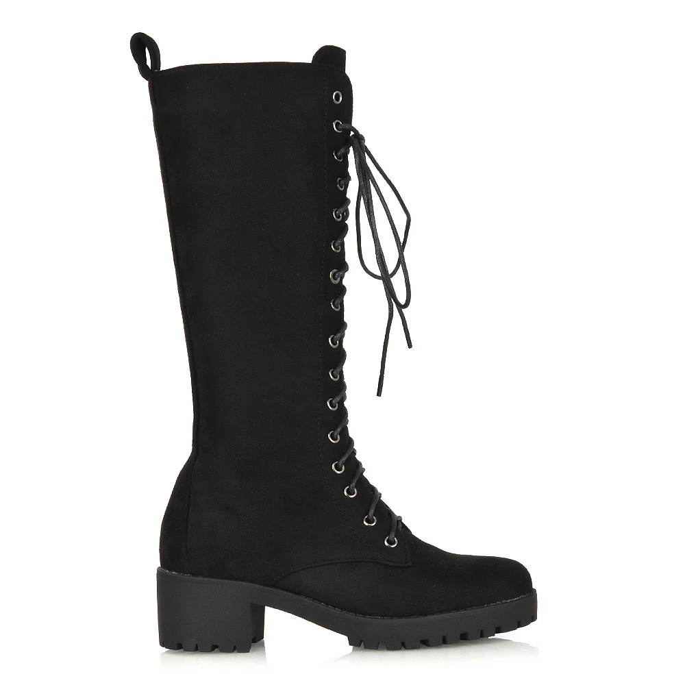 Aspen Lace Up Block High Heel Knee High Biker Boots In Black Faux Suede - Image 77