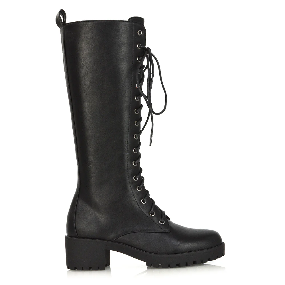Aspen Lace Up Block High Heel Knee High Biker Boots In Black Faux Suede - Image 8