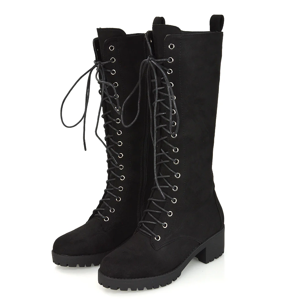 Aspen Lace Up Block High Heel Knee High Biker Boots In Black Faux Suede - Image 88