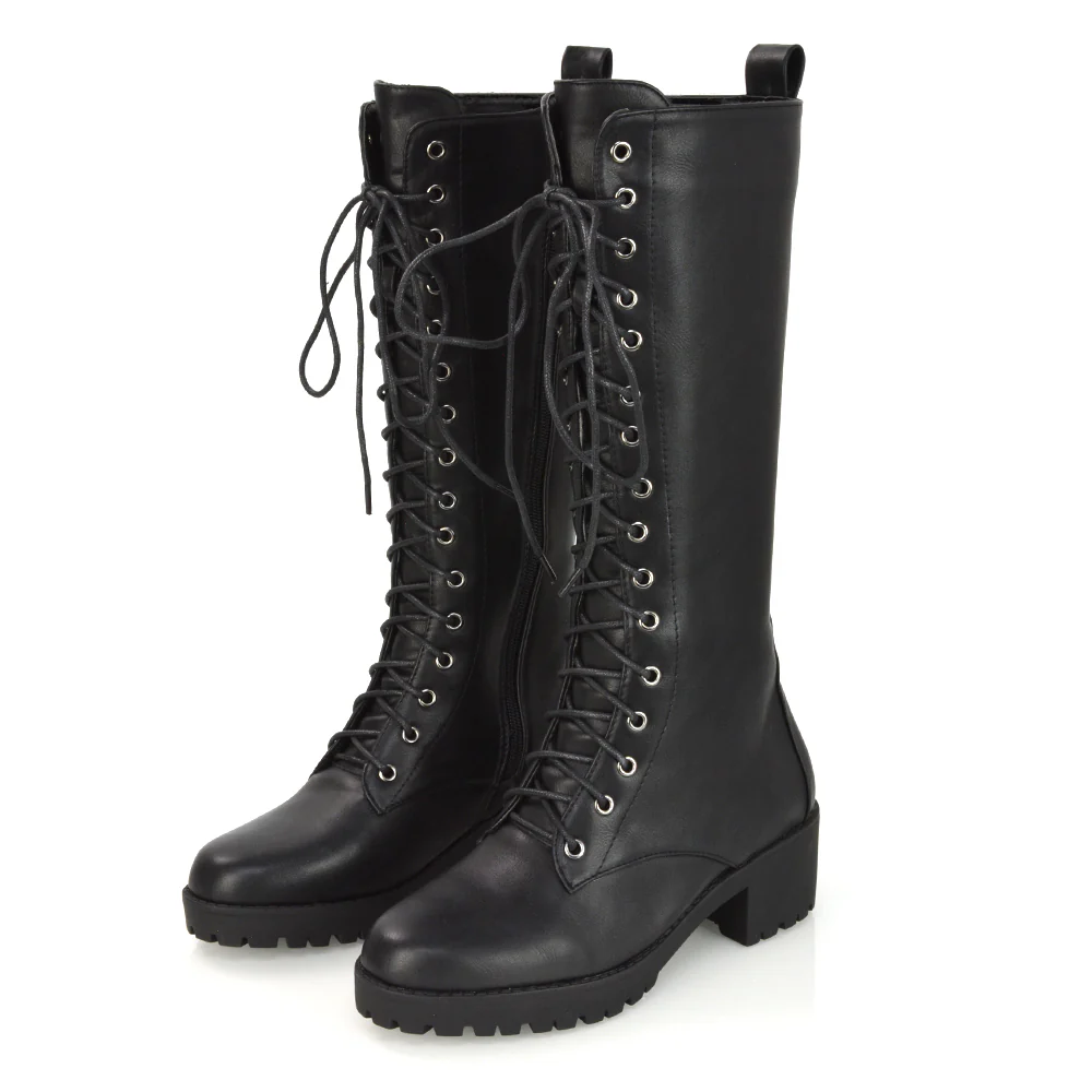 Aspen Lace Up Block High Heel Knee High Biker Boots In Black Faux Suede - Image 9