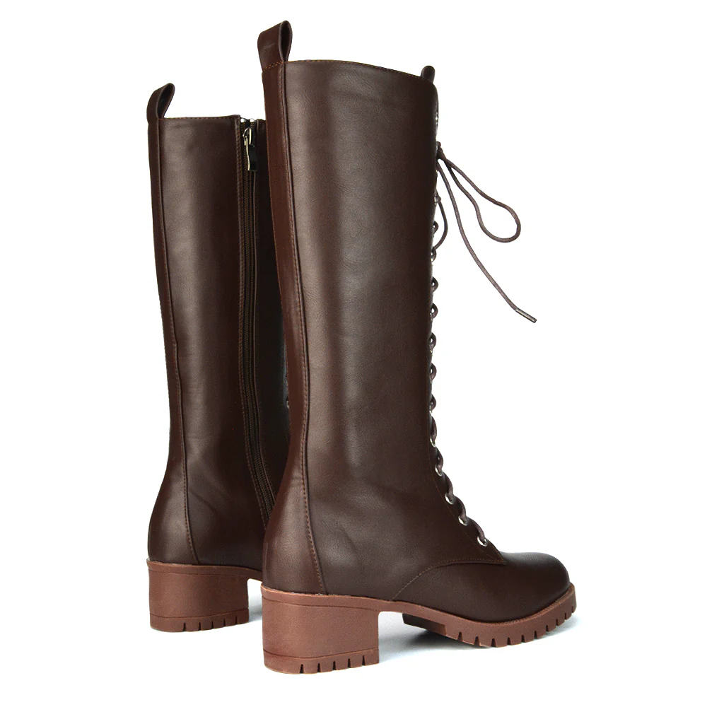Aspen Lace Up Block High Heel Knee High Biker Boots In Brown Synthetic Leather - Image 54