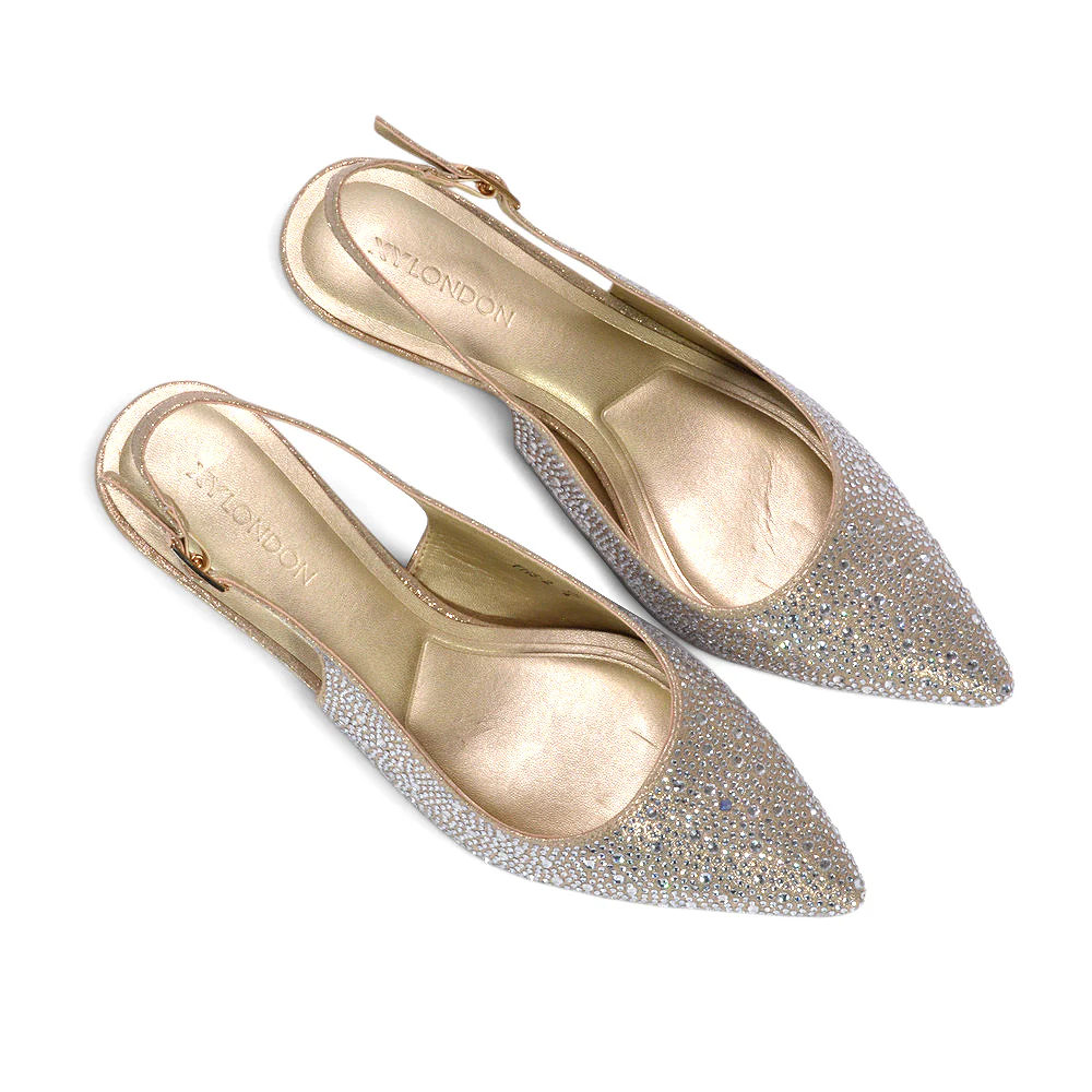 Aster Diamante Slingback Heels Pointed Toe Court Shoes in Gold - Image 6