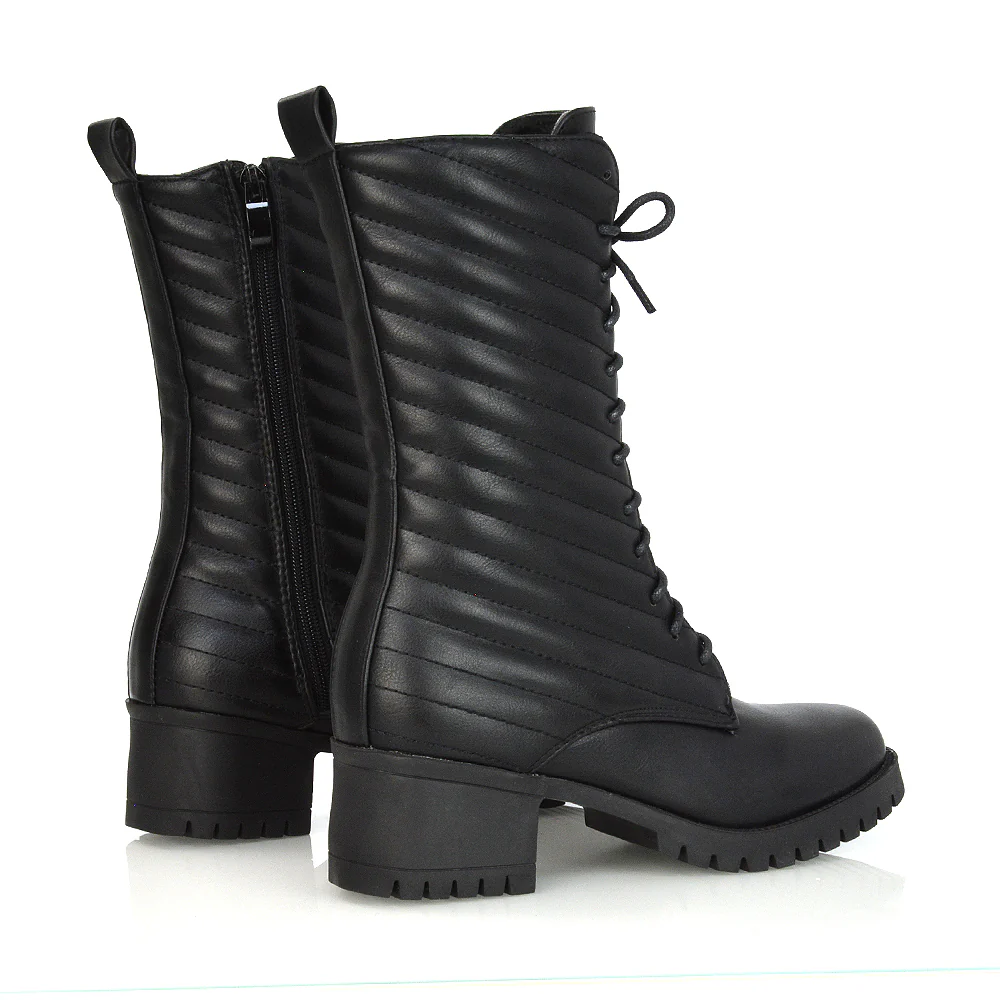Astrid Padded Mid-Calf Low Block Heel Biker Lace up Combat Boots in Black Synthetic Leather - Image 20