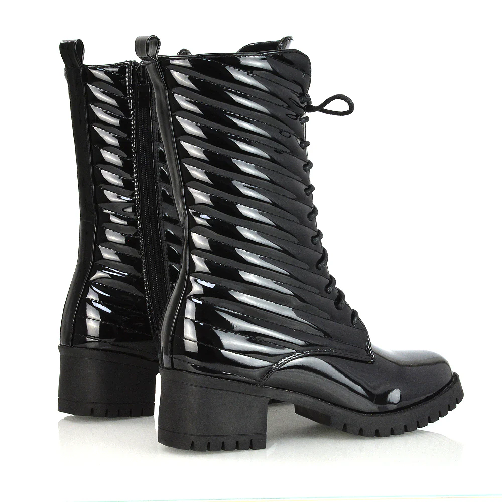 Astrid Padded Mid-Calf Low Block Heel Biker Lace up Combat Boots in Black Synthetic Leather - Image 40