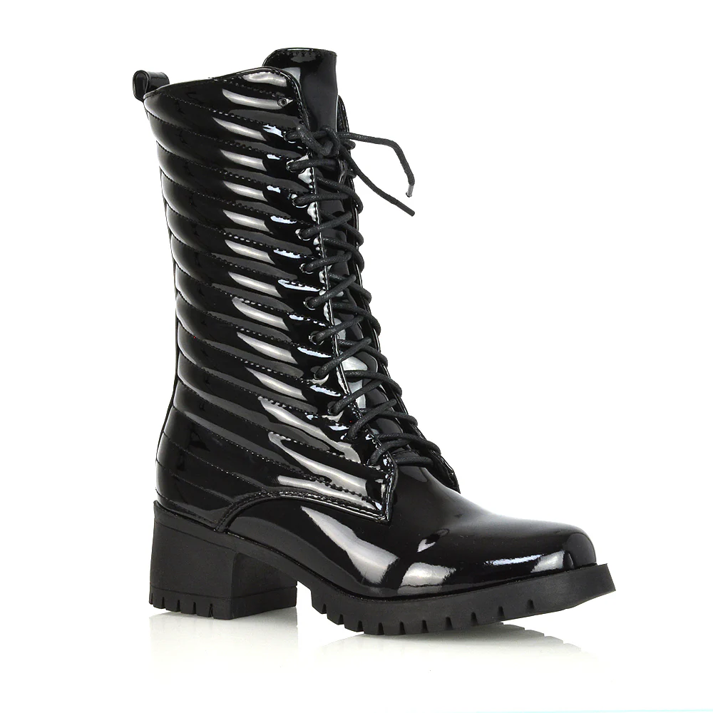 Astrid Padded Mid-Calf Low Block Heel Biker Lace up Combat Boots in Black Synthetic Leather - Image 47