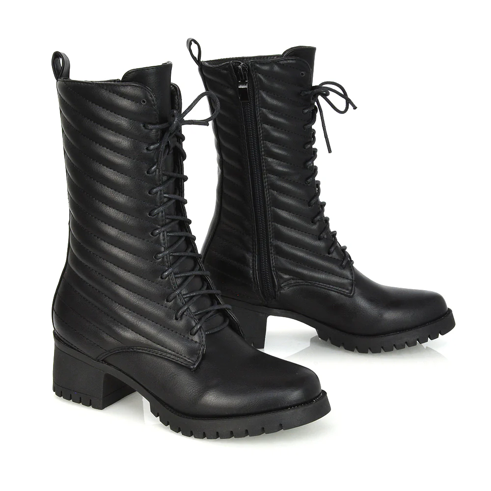 Astrid Padded Mid-Calf Low Block Heel Biker Lace up Combat Boots in Black Synthetic Leather - Image 6