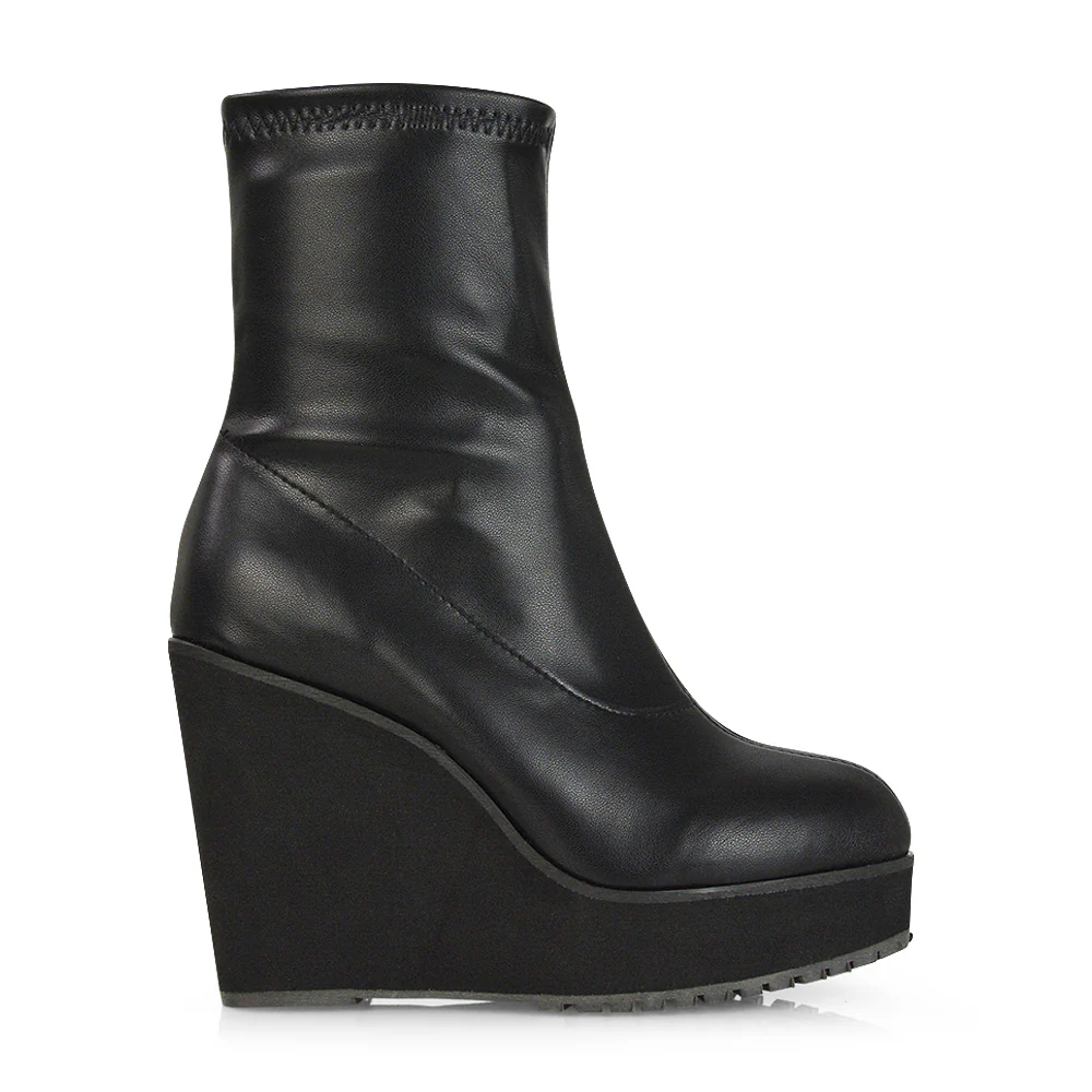 Athena Platform Wedge Heeled Sock Biker Ankle Boots in Black Faux Suede - Image 23