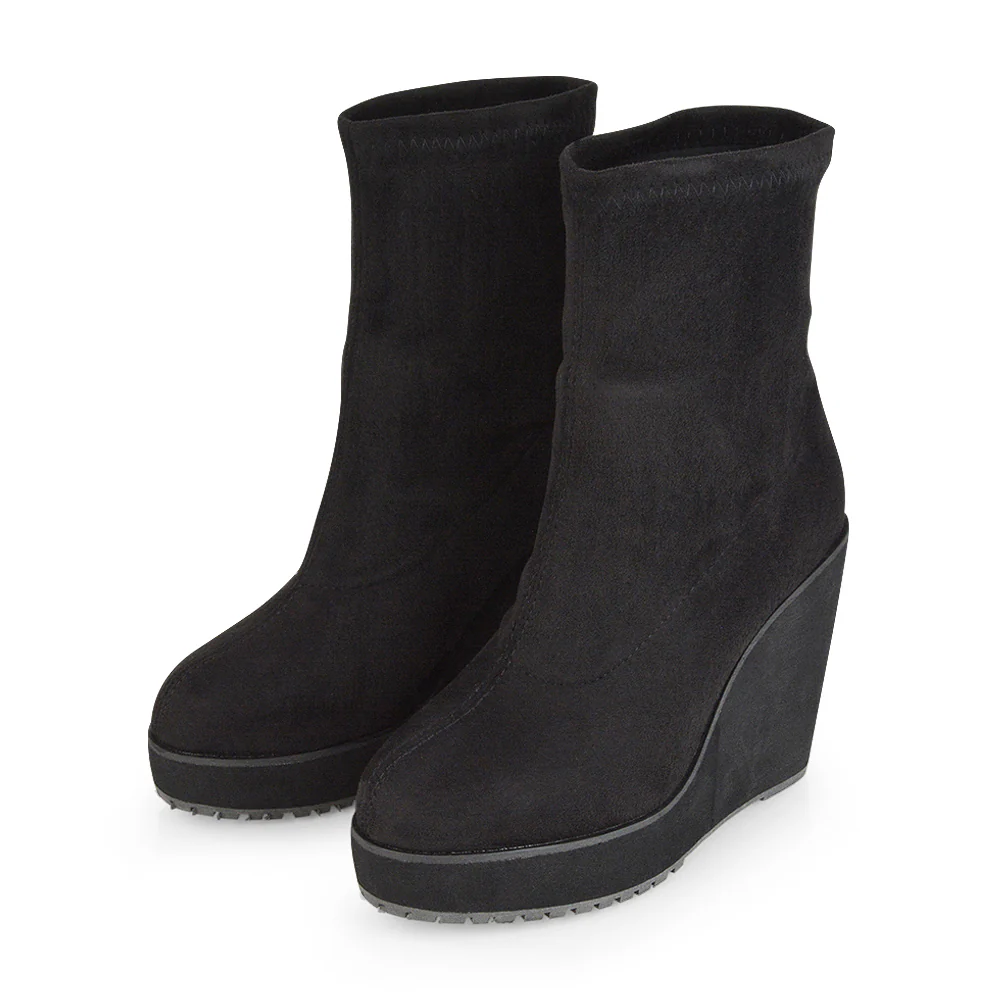 Athena Platform Wedge Heeled Sock Biker Ankle Boots in Black Faux Suede - Image 4