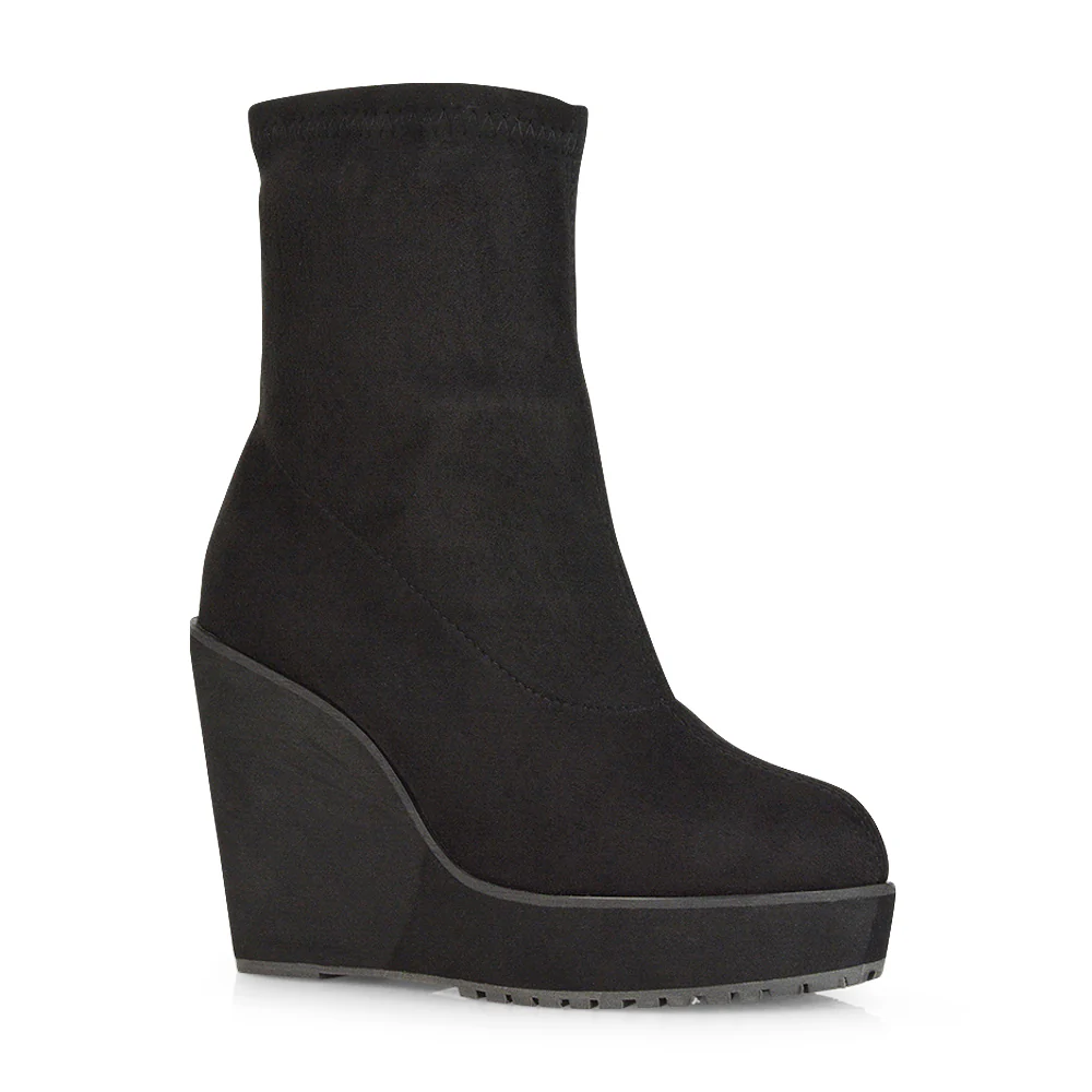 Athena Platform Wedge Heeled Sock Biker Ankle Boots in Black Faux Suede - Image 57