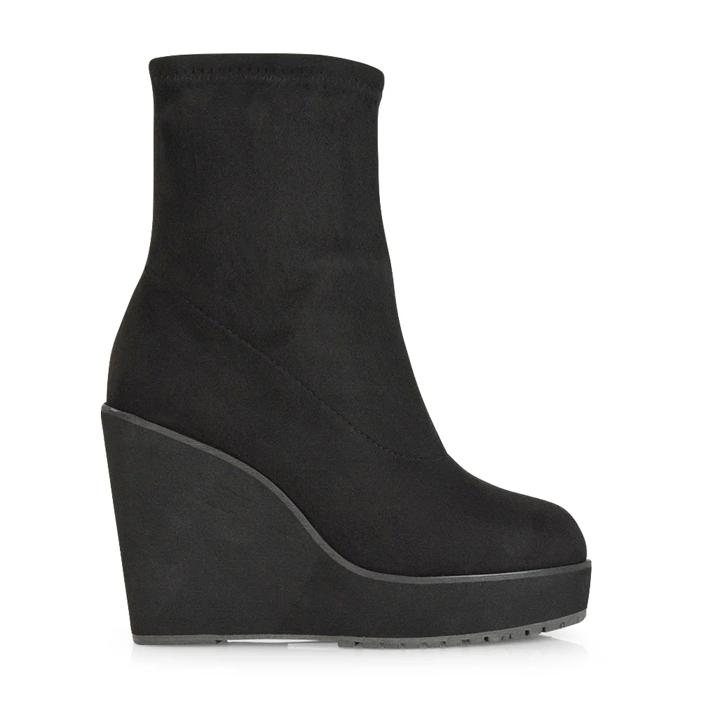Athena Platform Wedge Heeled Sock Biker Ankle Boots in Black Faux Suede - Image 58