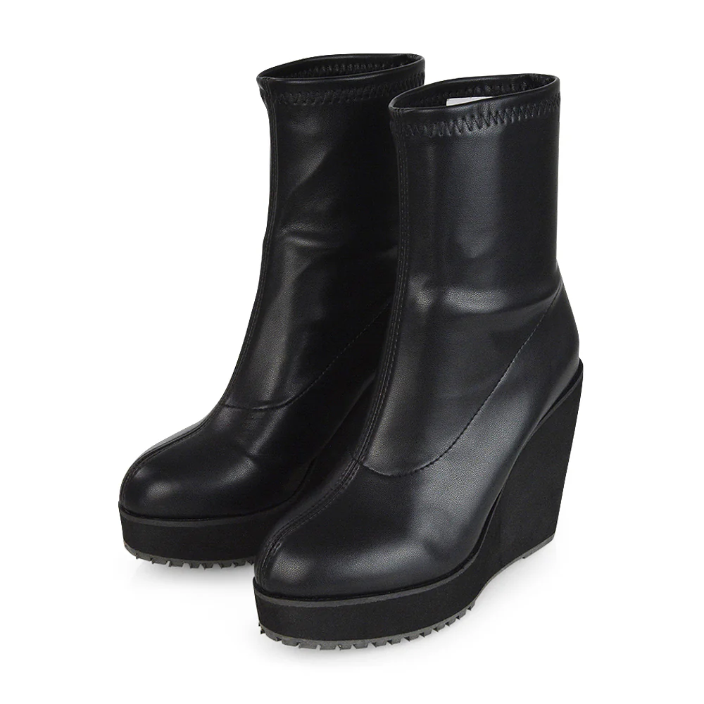 Athena Platform Wedge Heeled Sock Biker Ankle Boots in Black Faux Suede - Image 9