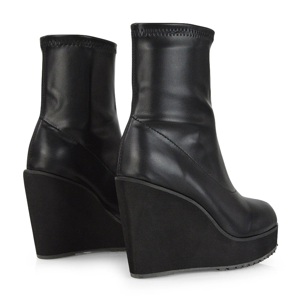Athena Platform Wedge Heeled Sock Biker Ankle Boots in Black Synthetic Leather - Image 21