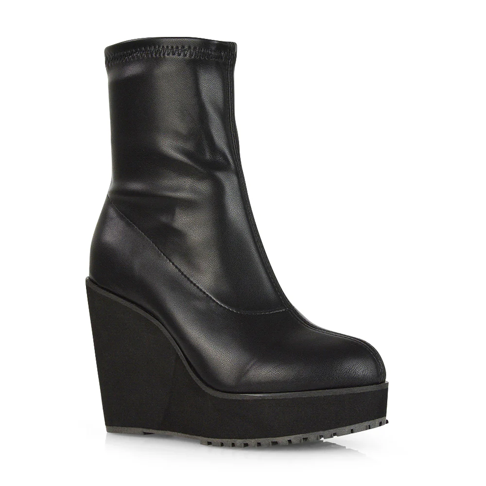 Athena Platform Wedge Heeled Sock Biker Ankle Boots in Black Synthetic Leather - Image 23