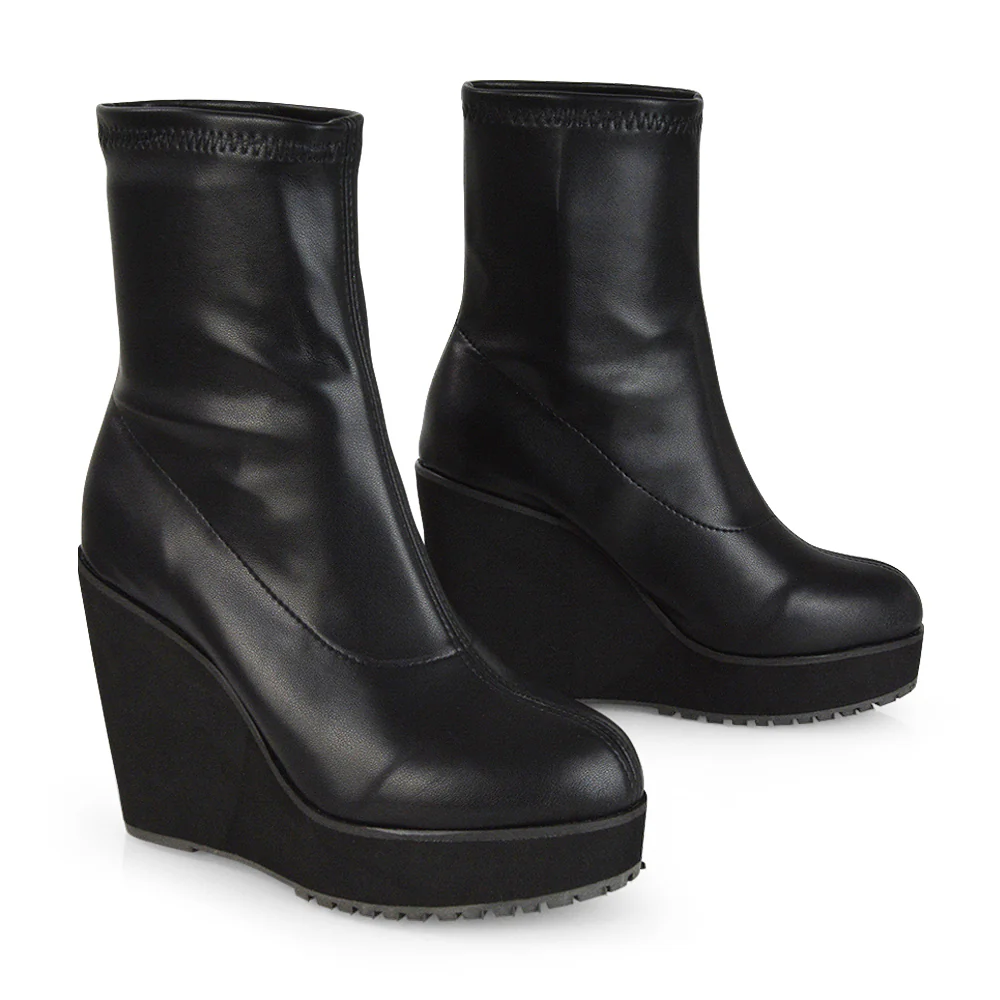 Athena Platform Wedge Heeled Sock Biker Ankle Boots in Black Synthetic Leather - Image 32