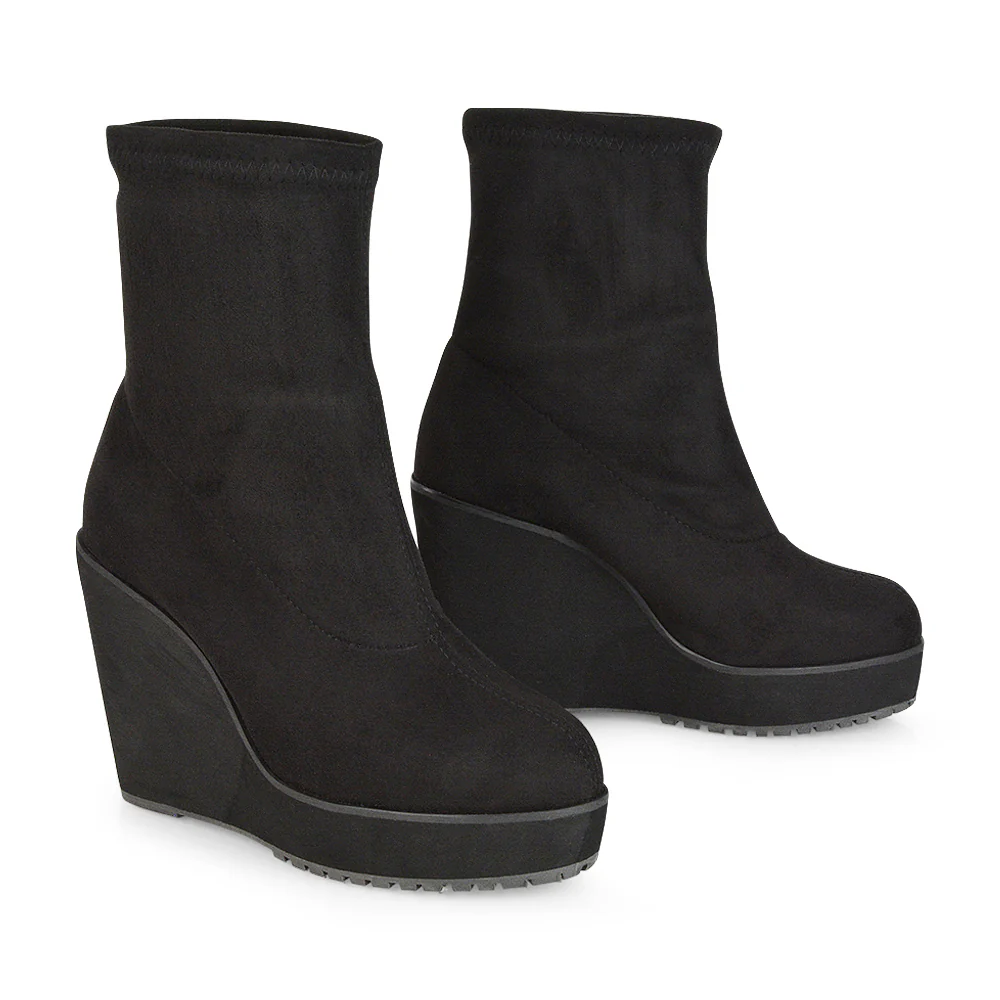 Athena Platform Wedge Heeled Sock Biker Ankle Boots in Black Synthetic Leather - Image 47