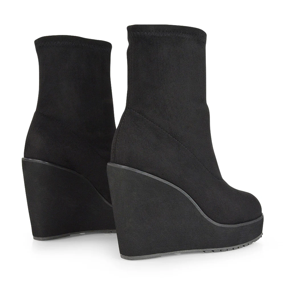 Athena Platform Wedge Heeled Sock Biker Ankle Boots in Black Synthetic Leather - Image 56