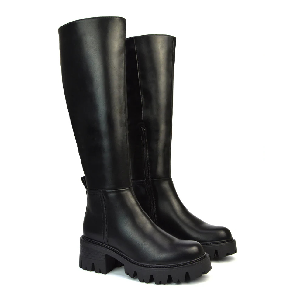 Aubree Chunky Platform Block Heel Knee High Biker Boots in Black Synthetic Leather - Image 17