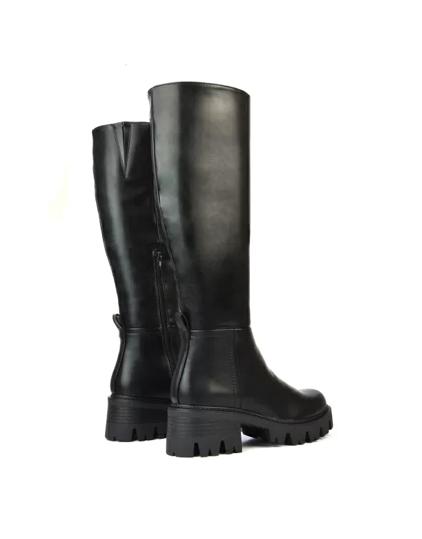 Aubree Chunky Platform Block Heel Knee High Biker Boots in Black Synthetic Leather - Image 2