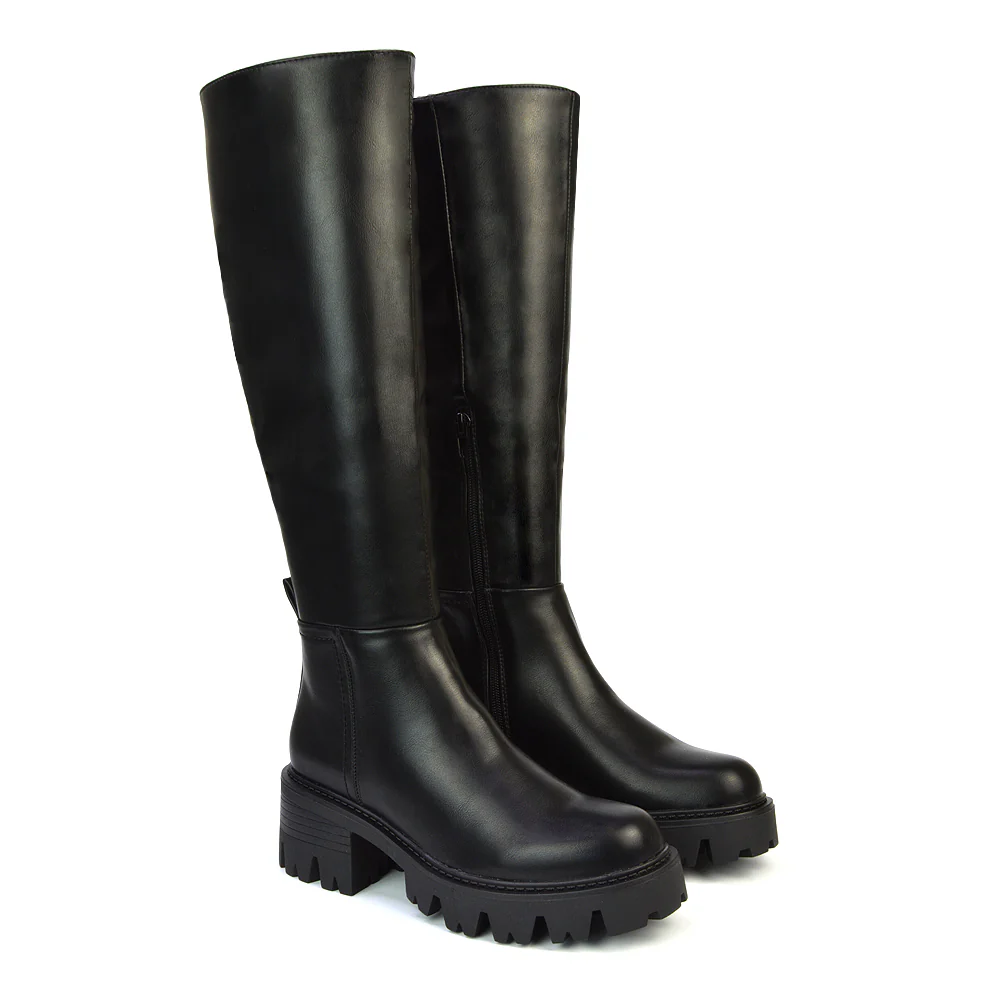 Aubree Chunky Platform Block Heel Knee High Biker Boots in Black Synthetic Leather - Image 20