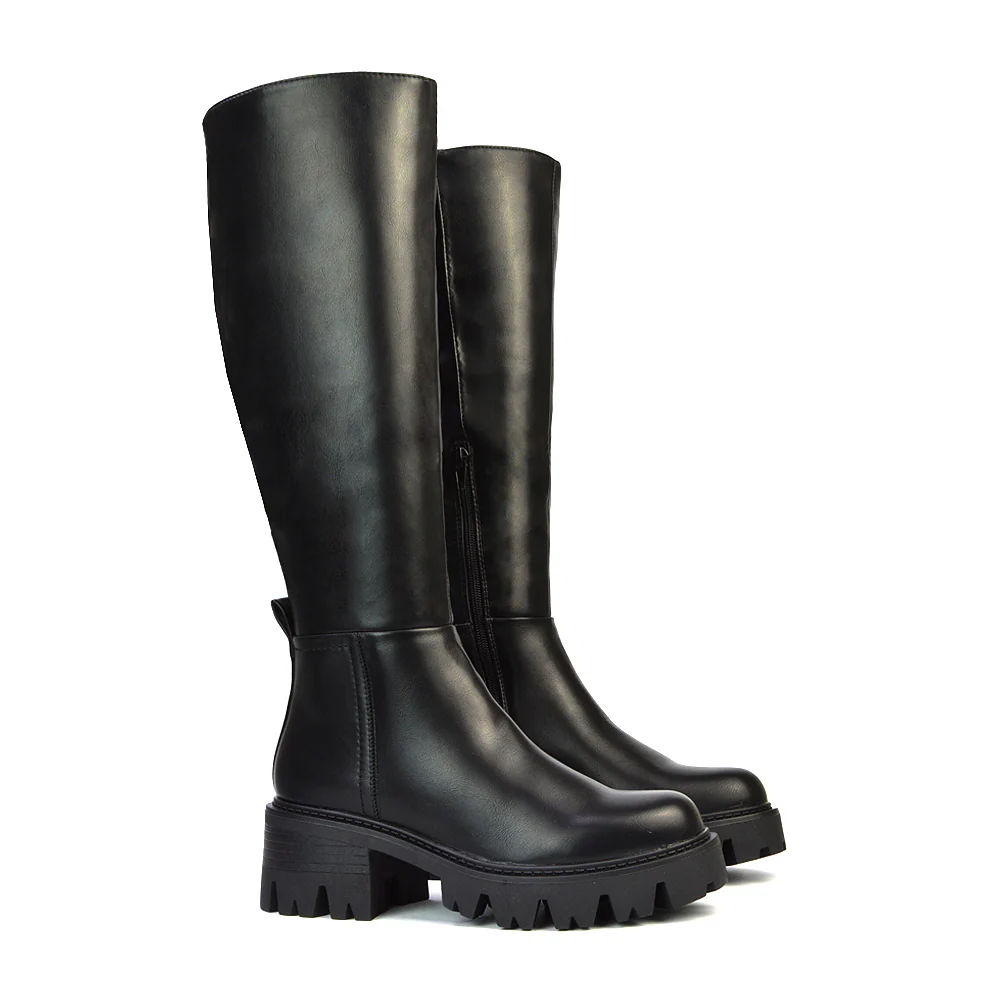 Aubree Chunky Platform Block Heel Knee High Biker Boots in Black Synthetic Leather - Image 21