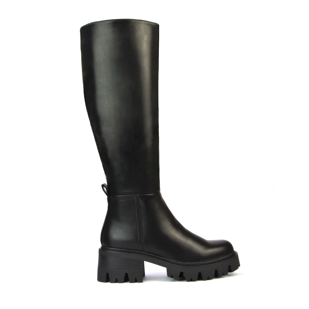 Aubree Chunky Platform Block Heel Knee High Biker Boots in Black Synthetic Leather - Image 29