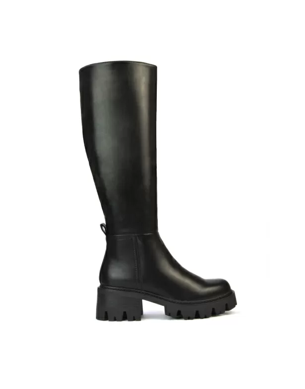 Aubree Chunky Platform Block Heel Knee High Biker Boots in Black Synthetic Leather - Image 3