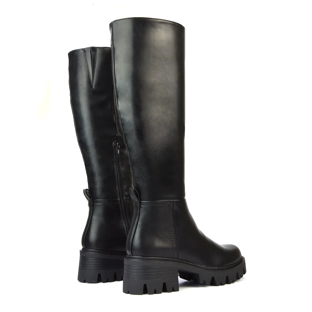 Aubree Chunky Platform Block Heel Knee High Biker Boots in Black Synthetic Leather - Image 33