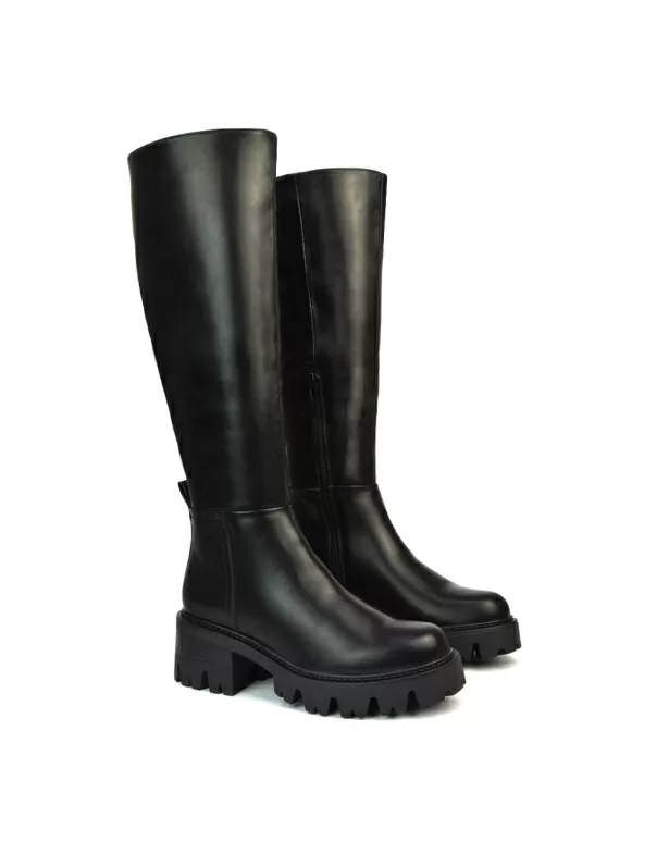 Aubree Chunky Platform Block Heel Knee High Biker Boots in Black Synthetic Leather - Image 4