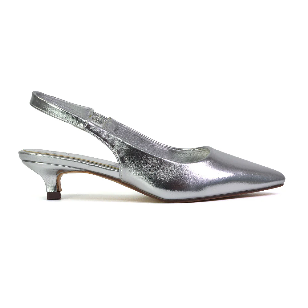 Avalone Pointed Toe Sling Back Strappy Sandals Bridal Shoes with Kitten Heel in Silver - Image 61