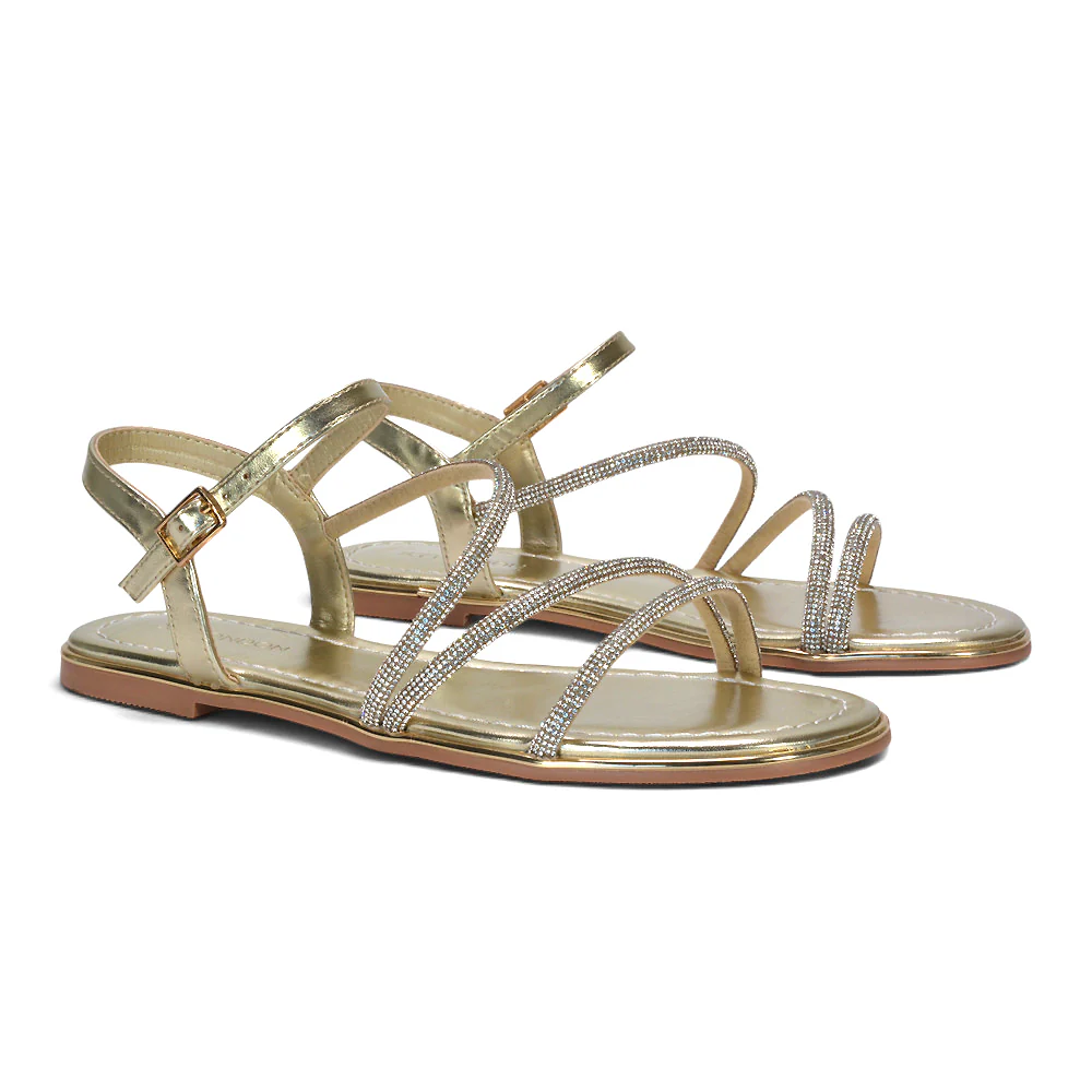 Ayla Diamante Ankle Strap Flat Sandal Holiday Shoes in Black Metallic - Image 9