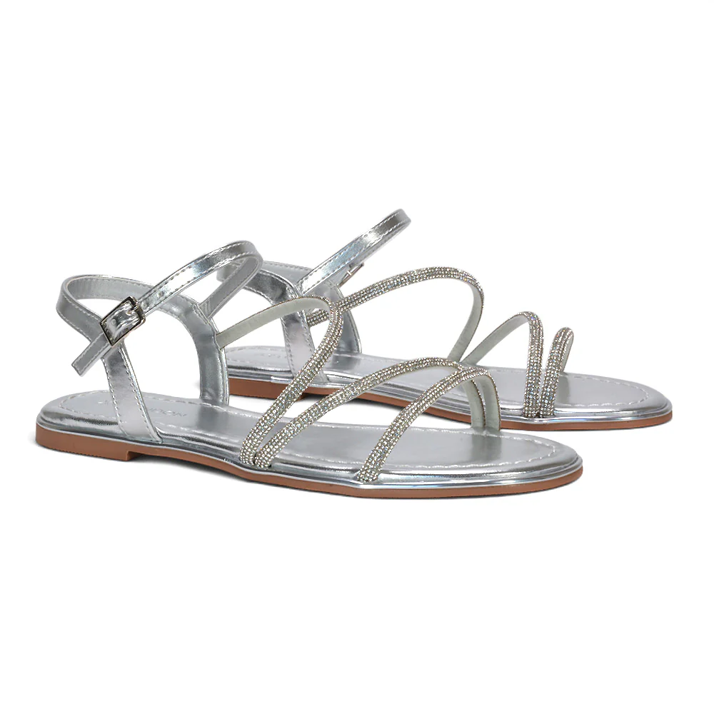 Ayla Diamante Ankle Strap Flat Sandal Holiday Shoes in Black Metallic - Image 15