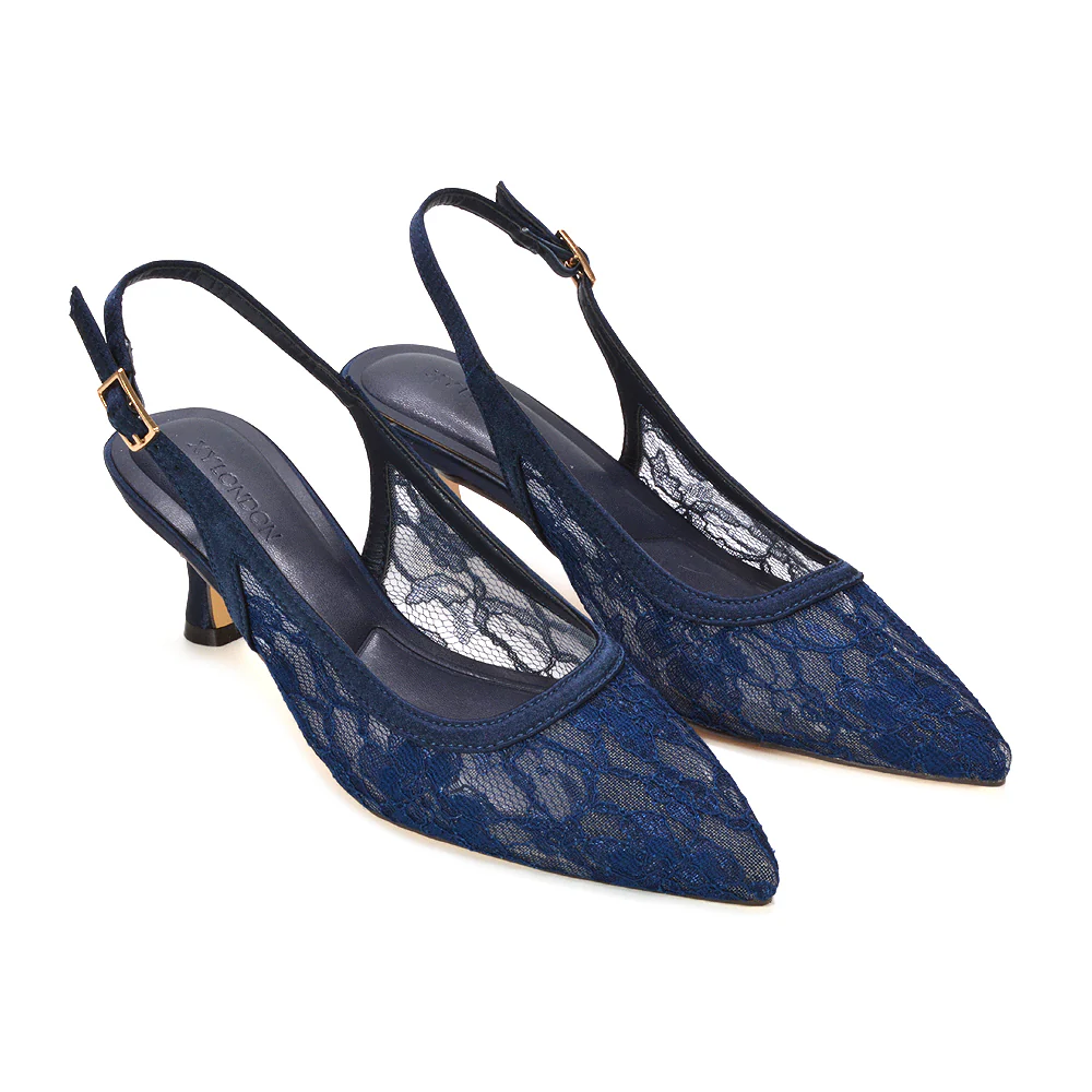 Bea Lace Slingback Court Shoes Pointed Toe Kitten Heels in Navy - Image 6