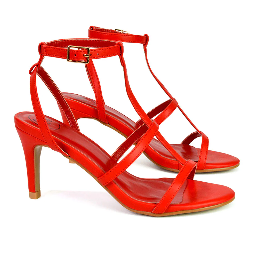 Beaux Caged Cut Out Detail Mid High Heel Stiletto Ankle Strappy Sandals in Red - Image 16