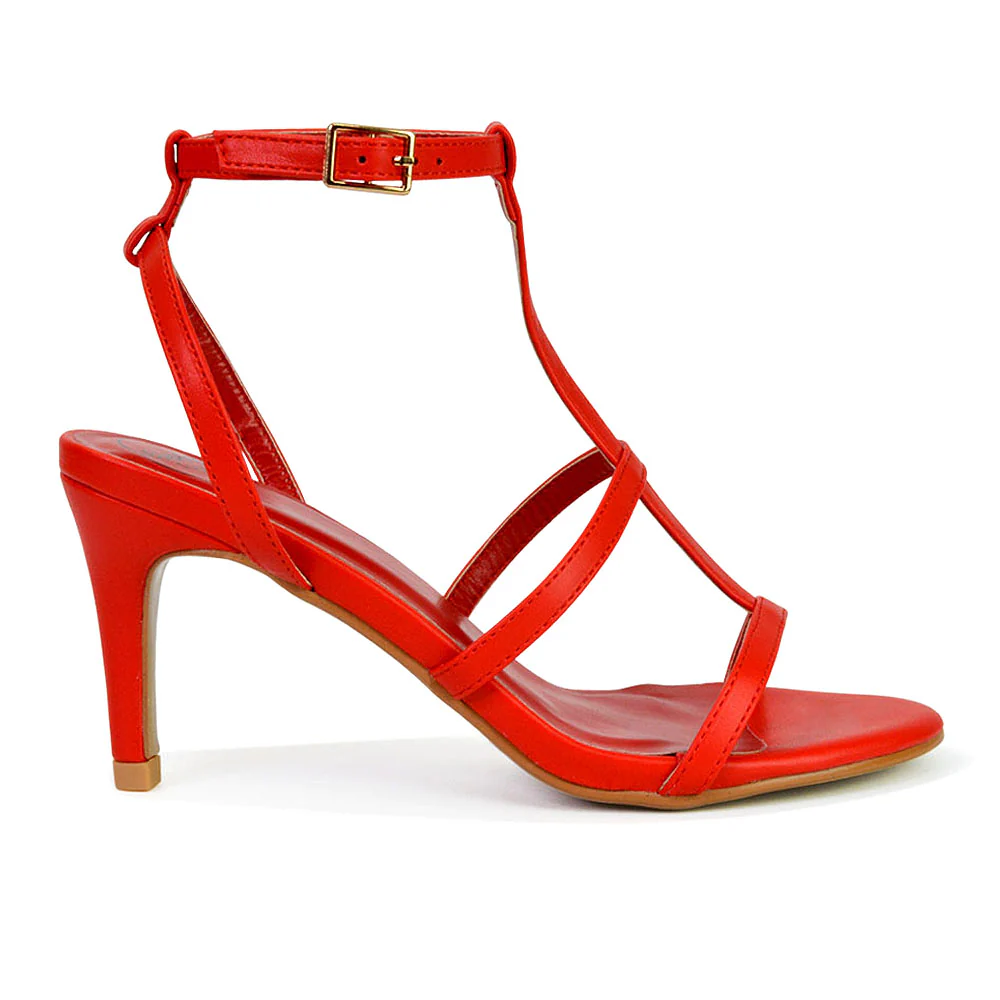 Beaux Caged Cut Out Detail Mid High Heel Stiletto Ankle Strappy Sandals in Red - Image 3