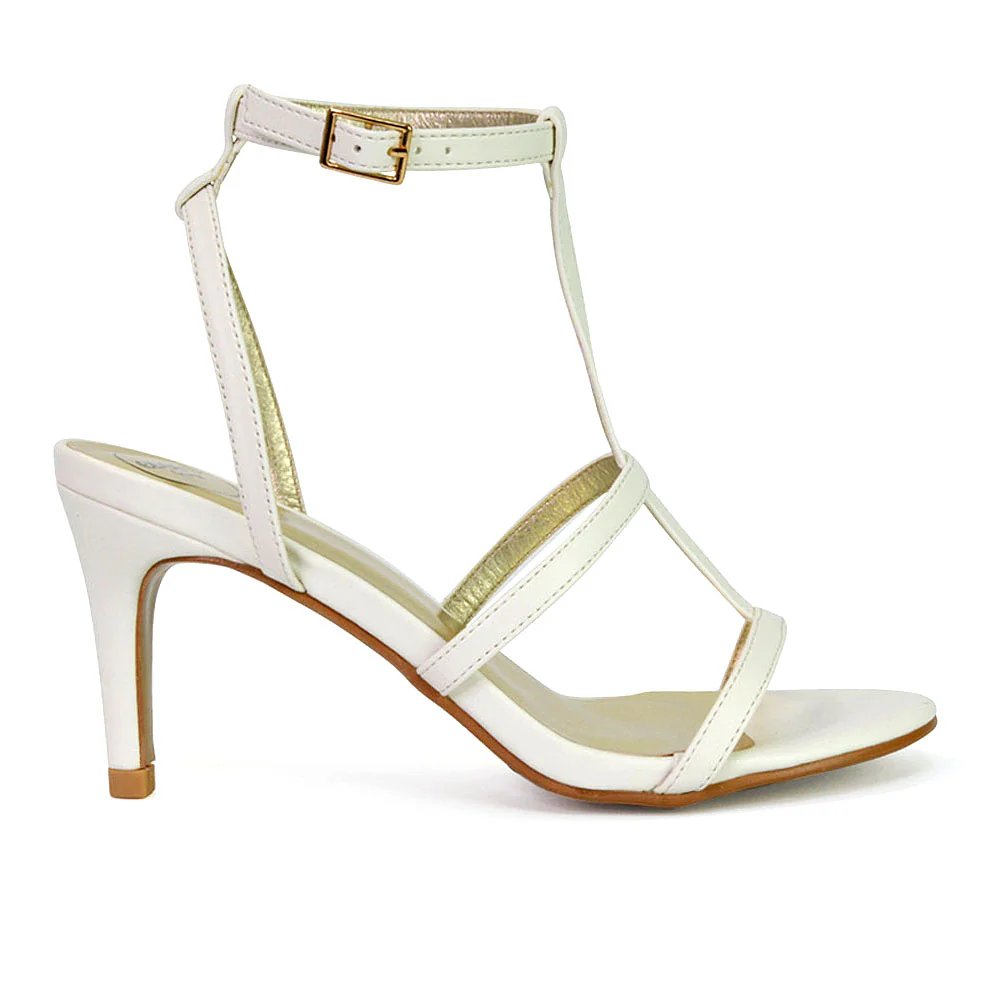 Beaux Caged Cut Out Detail Mid High Heel Stiletto Ankle Strappy Sandals in Red - Image 43