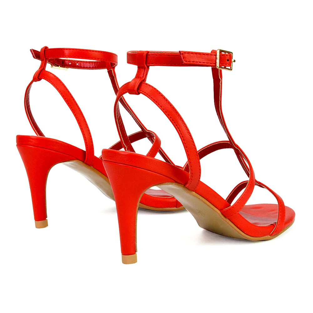 Beaux Caged Cut Out Detail Mid High Heel Stiletto Ankle Strappy Sandals in Red - Image 6